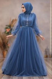 Bleu- Tesettürlü Abiye Elbise - Robes de Soirée Hijab - 40941M - Thumbnail