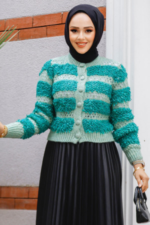 Blok Geçişli Tesettür Triko Hırka 511501MINT - NEVA STYLE