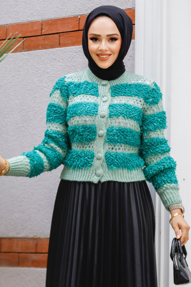 Blok Geçişli Tesettür Triko Hırka 511501MINT - NEVA STYLE