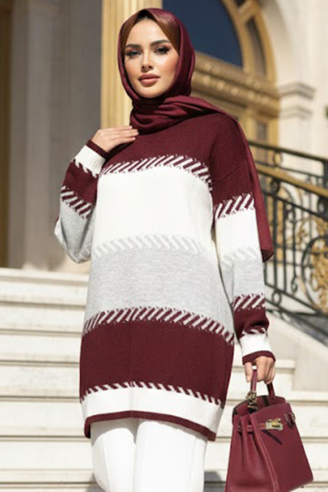 Blok Renk Bordo Tesettür Triko Kazak 8804BR - 1