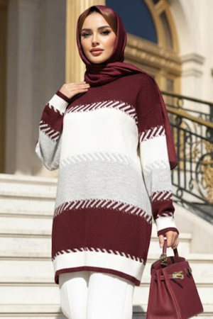 Blok Renk Burgundy Modest Knit Sweater 8804BR - 1