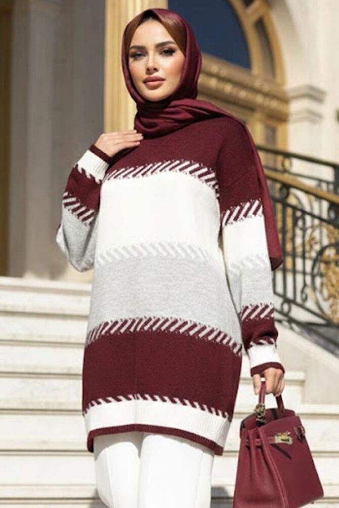 Blok Renk Burgundy Modest Knit Sweater 8804BR - 1