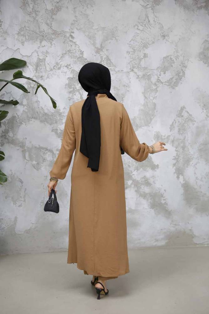Blok Renk Detaylı Camel Tesettür İkili Takım 65881C - 4
