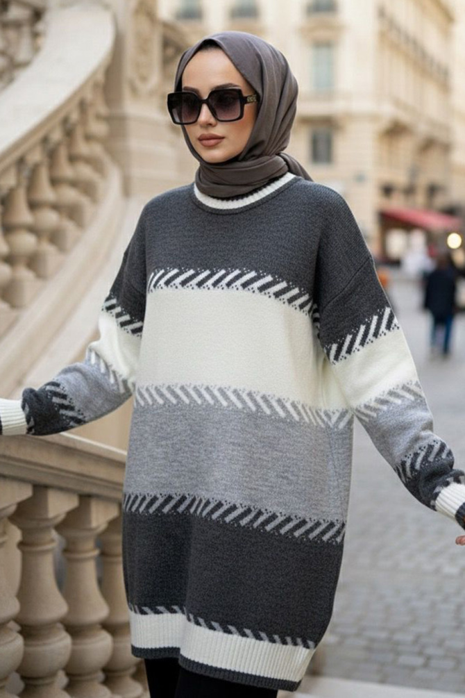 Blok Renk Gri Tesettür Triko Kazak 8804GR - N.S NEVA STYLE