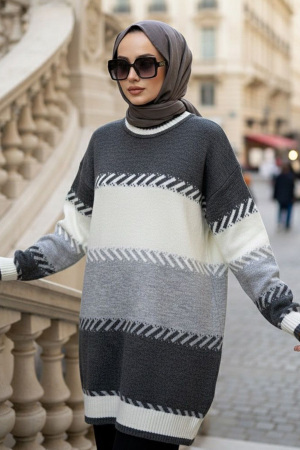 Blok Renk Gri Tesettür Triko Kazak 8804GR - 1