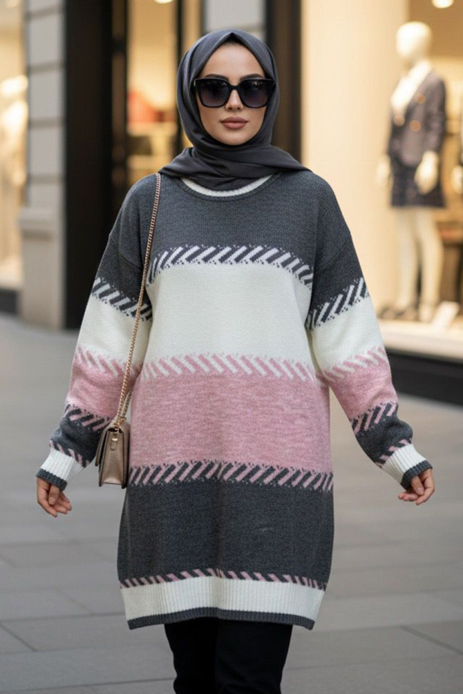 Blok Renk Pembe Tesettür Triko Kazak 8804P - N.S NEVA STYLE