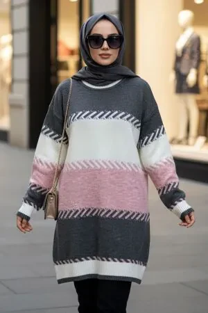 Blok Renk Pembe Tesettür Triko Kazak 8804P 