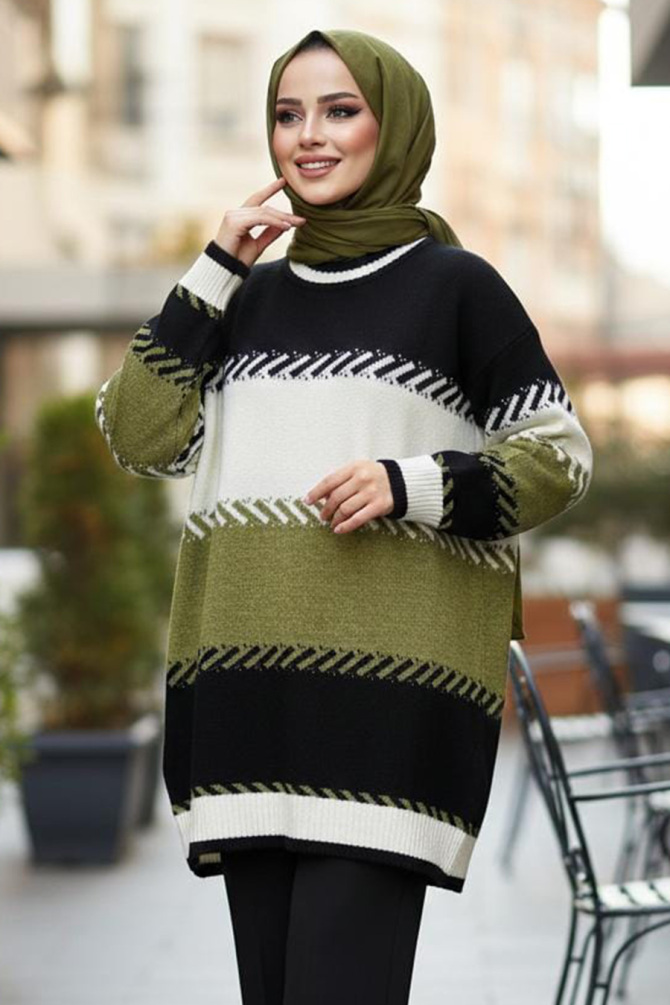 Blok Renk Yağ Yeşili Tesettür Triko Kazak 8804YY - N.S NEVA STYLE