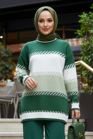 Blok Renk Yeşil Tesettür Triko Kazak 8804Y - N.S NEVA STYLE