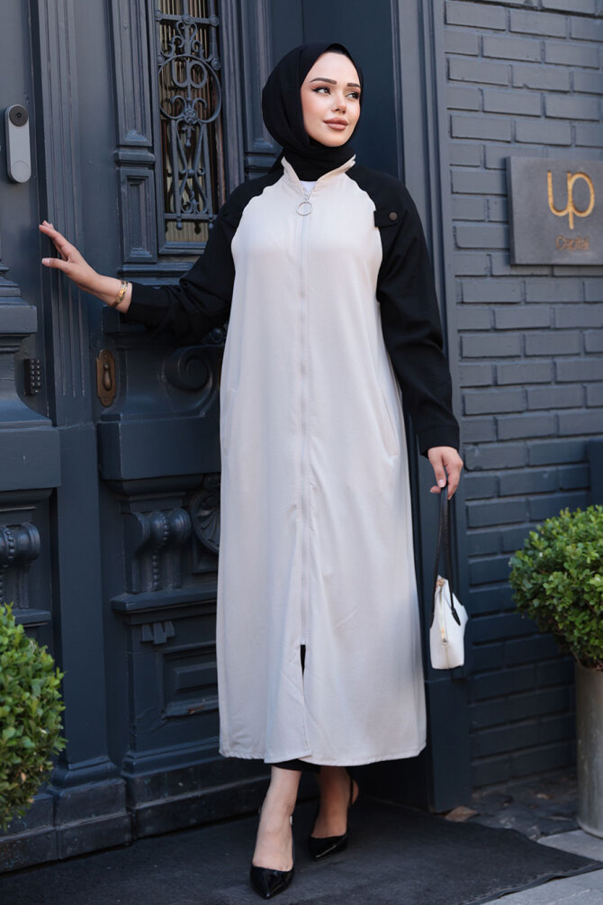 Blok Renkli Bej Tesettür Hırka 15200BEJ - NEVA STYLE