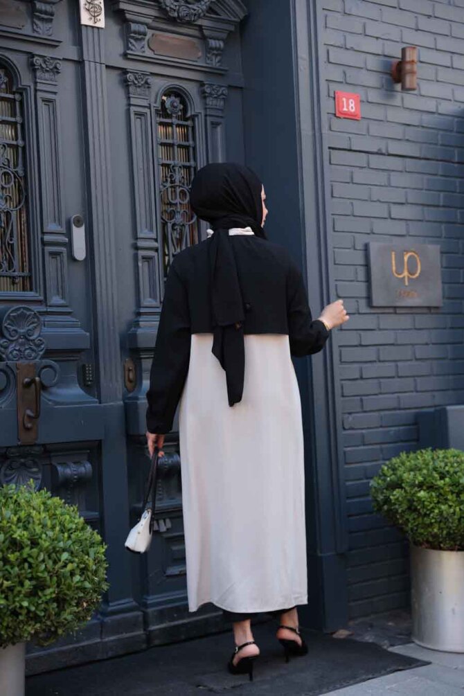 Blok Renkli Bej Tesettür Hırka 15200BEJ - 3