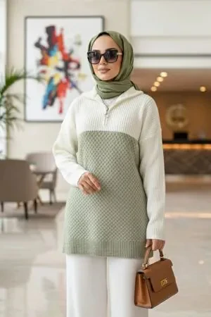 Blok Renkli Çağla Yeşili Tesettür Triko Kazak Tunik 87501CY 