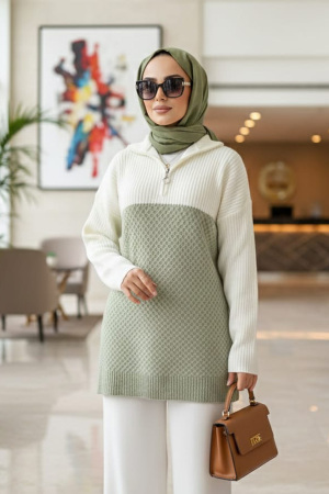 Blok Renkli Çağla Yeşili Tesettür Triko Kazak Tunik 87501CY - N.S NEVA STYLE