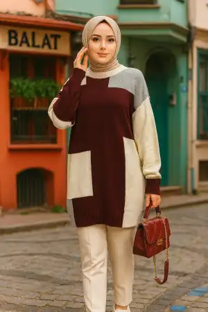 Blok Renkli Gri Tesettür Triko Kazak Tunik 88101GR - 1