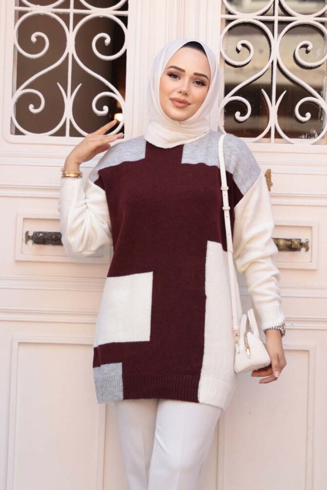 Blok Renkli Gri Tesettür Triko Kazak Tunik 88101GR - 1