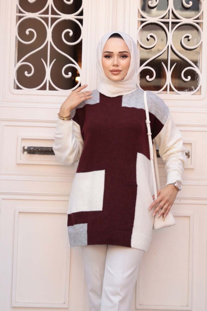 Blok Renkli Gri Tesettür Triko Kazak Tunik 88101GR - 2