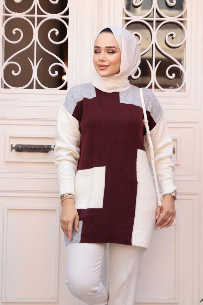 Blok Renkli Gri Tesettür Triko Kazak Tunik 88101GR - 3