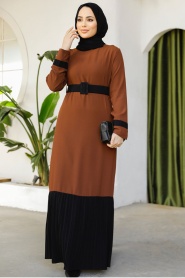 Blok Renkli Kahverengi Tesettür Elbise 51954KH - Thumbnail