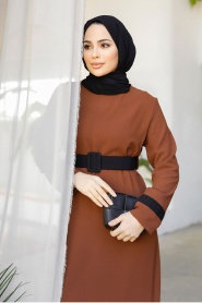 Blok Renkli Kahverengi Tesettür Elbise 51954KH - Thumbnail