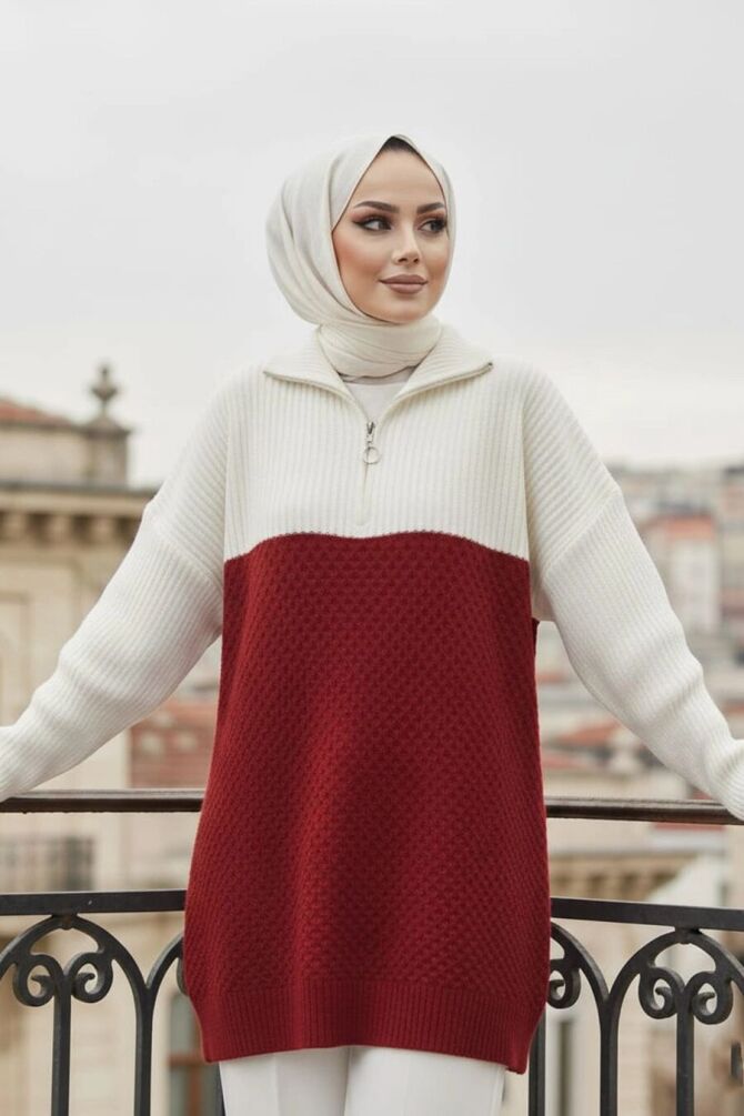 Blok Renkli Kırmızı Tesettür Triko Kazak Tunik 87501K - 1