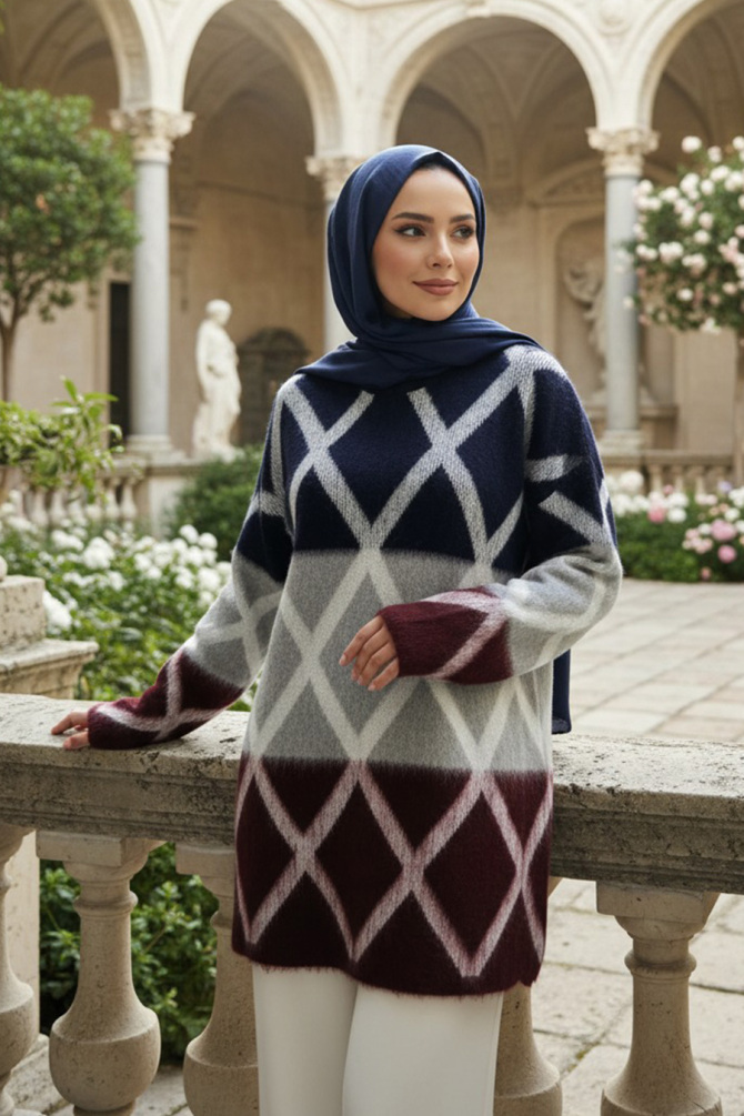 Blok Renkli Lacivert Tesettür Triko Kazak Tunik 87381L - N.S NEVA STYLE