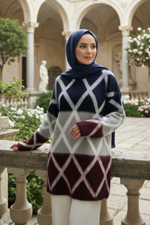 Blok Renkli Lacivert Tesettür Triko Kazak Tunik 87381L - N.S NEVA STYLE