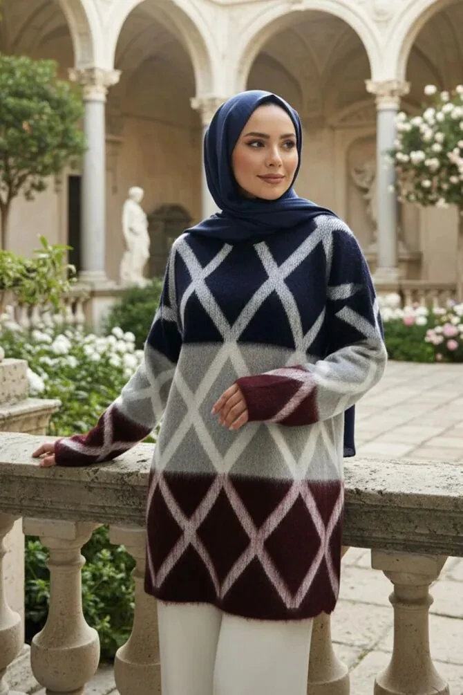 Blok Renkli Lacivert Tesettür Triko Kazak Tunik 87381L - 1