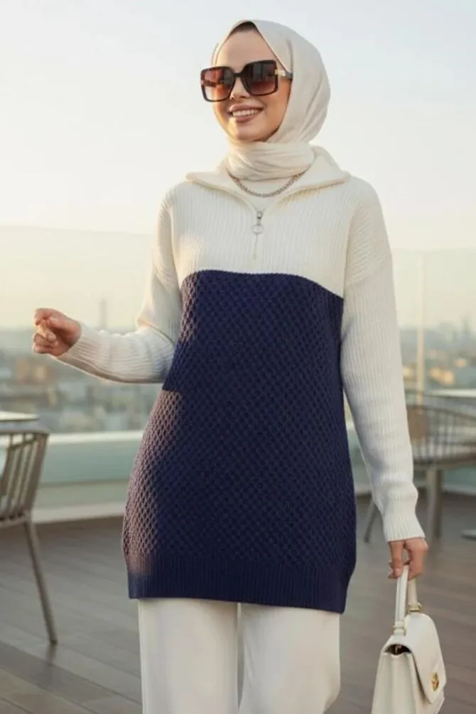 Blok Renkli Lacivert Tesettür Triko Kazak Tunik 87501L - 1