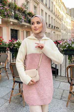 Blok Renkli Pudra Tesettür Triko Kazak Tunik 87501PD - N.S NEVA STYLE