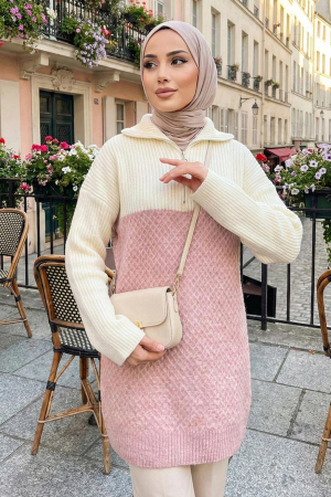 Blok Renkli Pudra Tesettür Triko Kazak Tunik 87501PD - N.S NEVA STYLE