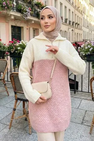 Blok Renkli Pudra Tesettür Triko Kazak Tunik 87501PD 