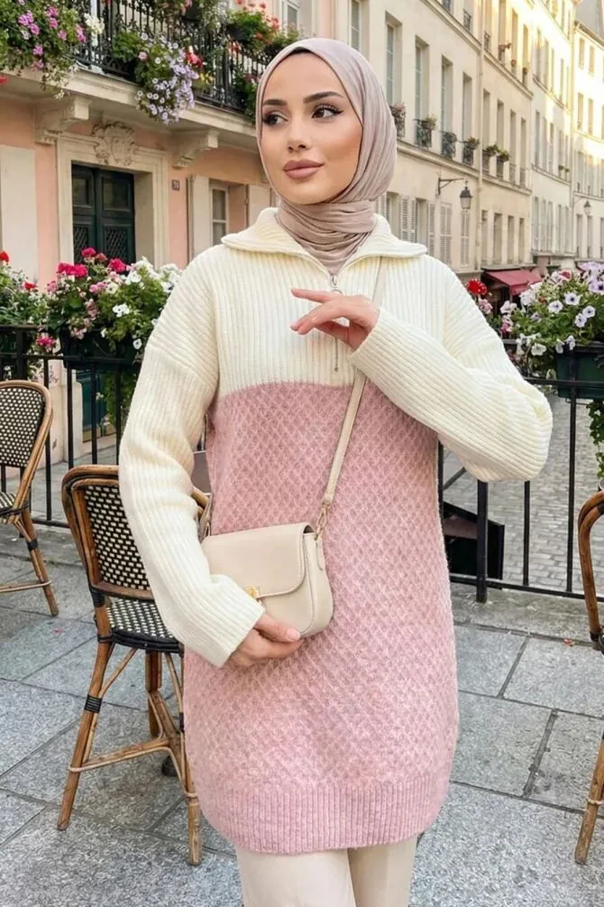 Blok Renkli Pudra Tesettür Triko Kazak Tunik 87501PD - 1