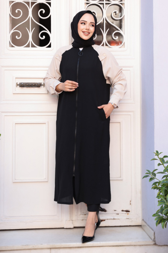 Blok Renkli Siyah Tesettür Hırka 15200S - NEVA STYLE