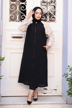 Blok Renkli Siyah Tesettür Hırka 15200S - 2
