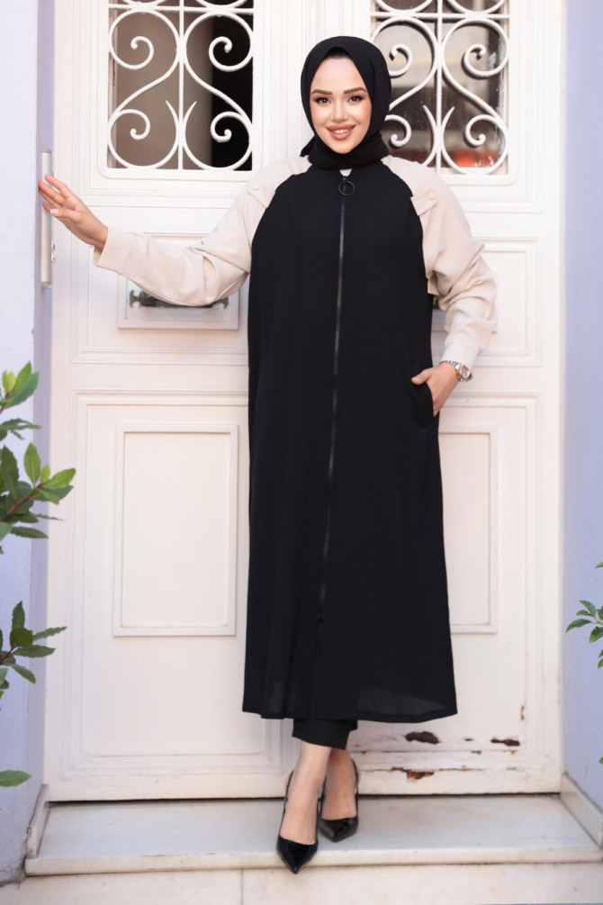 Blok Renkli Siyah Tesettür Hırka 15200S - 3