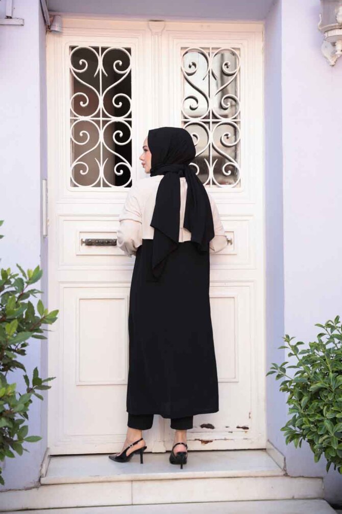 Blok Renkli Siyah Tesettür Hırka 15200S - 4