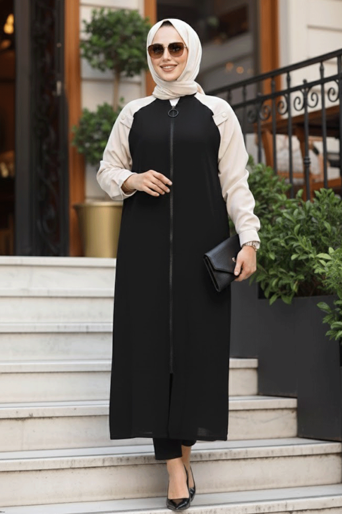 Blok Renkli Siyah Tesettür Hırka 15200S - 1