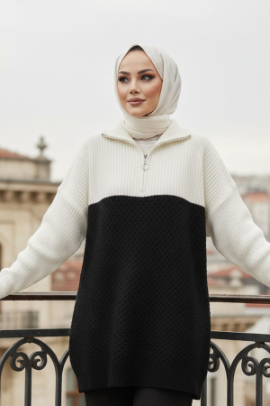 Blok Renkli Siyah Tesettür Triko Kazak Tunik 87501S - 1