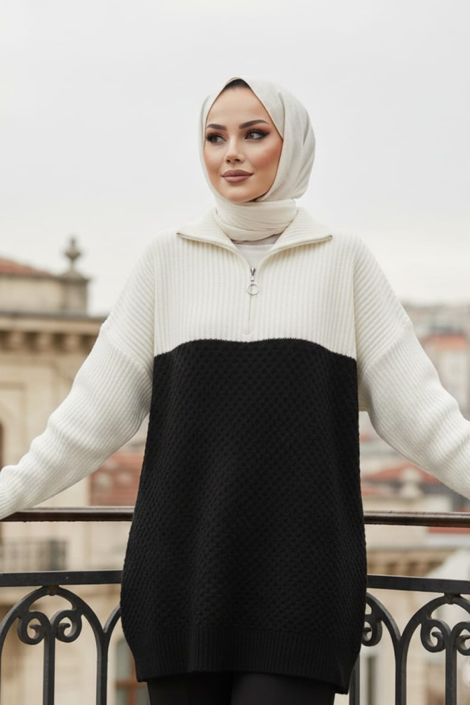 Blok Renkli Siyah Tesettür Triko Kazak Tunik 87501S - 1