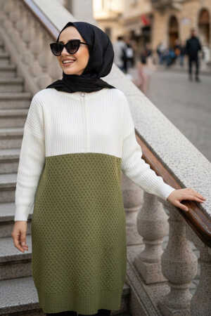 Blok Renkli Yağ Yeşili Tesettür Triko Kazak Tunik 87501YY - 1
