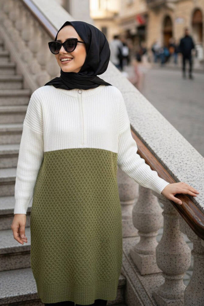 Blok Renkli Yağ Yeşili Tesettür Triko Kazak Tunik 87501YY - N.S NEVA STYLE
