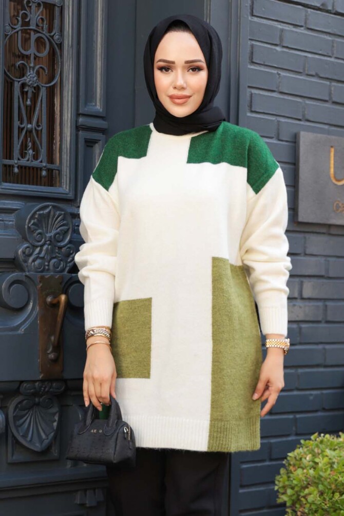 Blok Renkli Yeşil Tesettür Triko Kazak Tunik 88101Y - NEVA STYLE