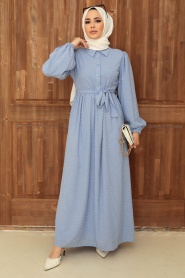 Blue Hijab Dress 13390M - Thumbnail