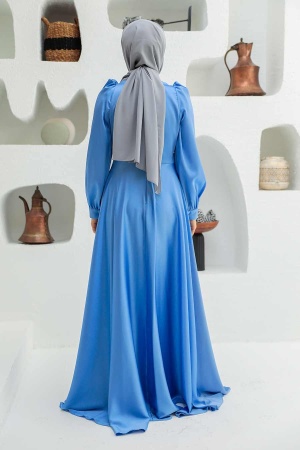 Neva Style - Long Sleeve Blue Hijab Evening Dress 3145M - Thumbnail