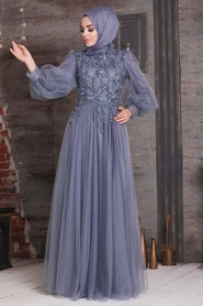 Blue Hijab Evening Dress 4093M - Thumbnail