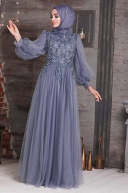 Blue Hijab Evening Dress 4093M - Thumbnail