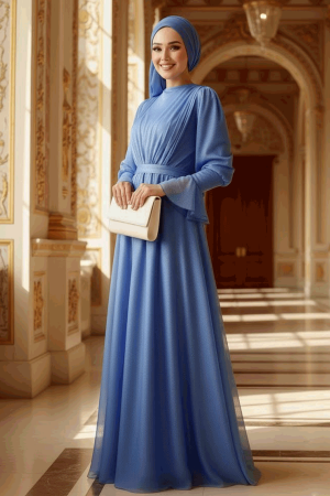 Neva Style - Blue Turkish Hijab Bridesmaid Dress 5367M - TESETTÜRLÜ ABİYE ELBİSELER