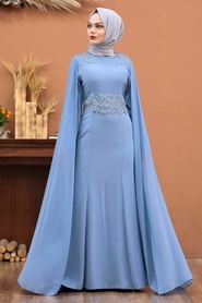 Blue Hijab Evening Dress 3803M - Thumbnail