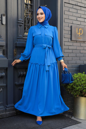 Blue Modest Dress For Women 12502M - 1