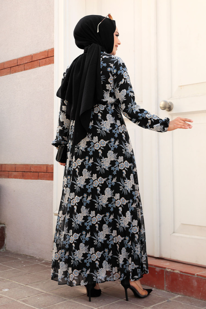 Blue Modest Floral Dress 50358M - 3